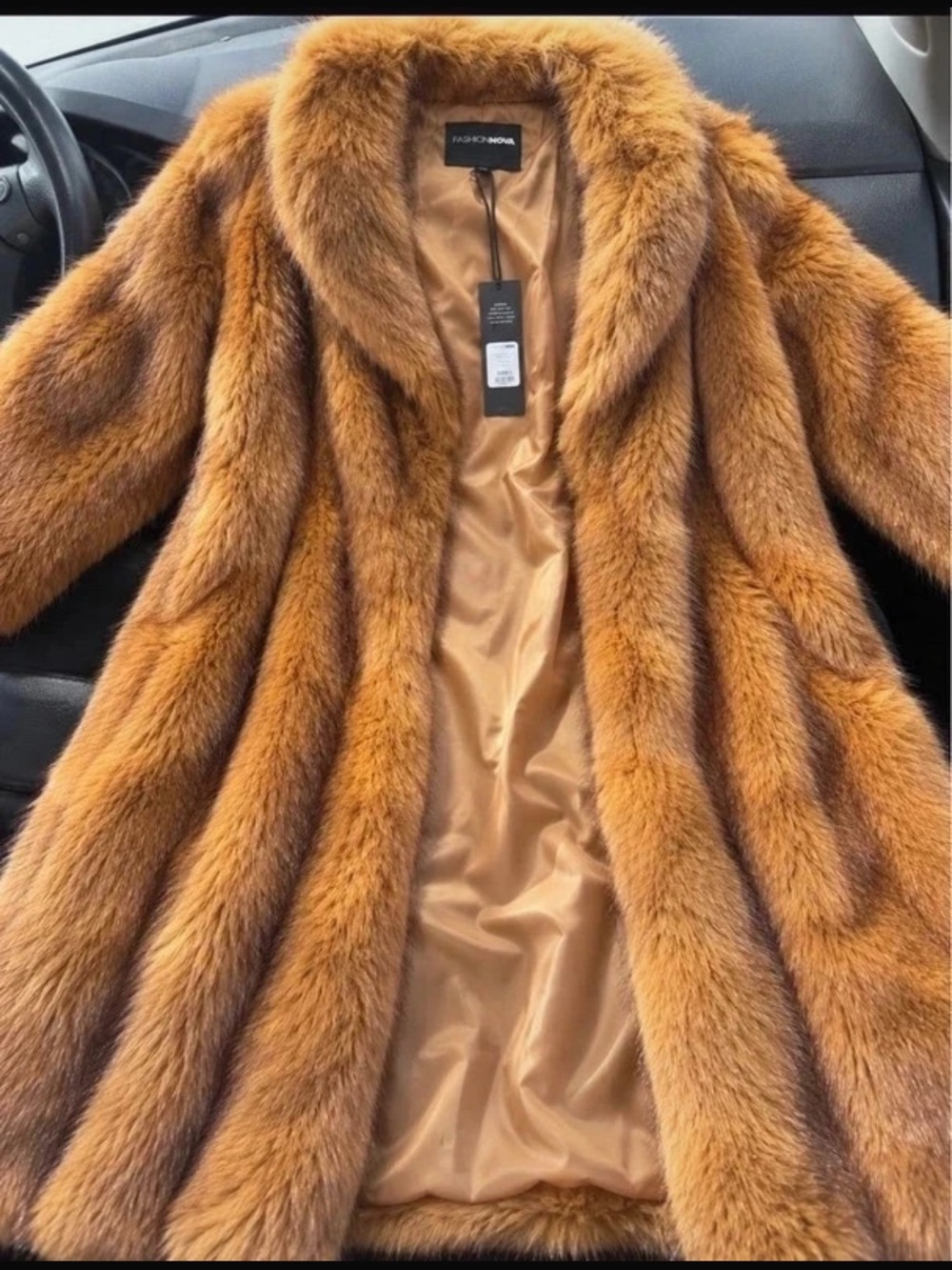 SHEIN Women's Faux Fur Long Coat - Cognac